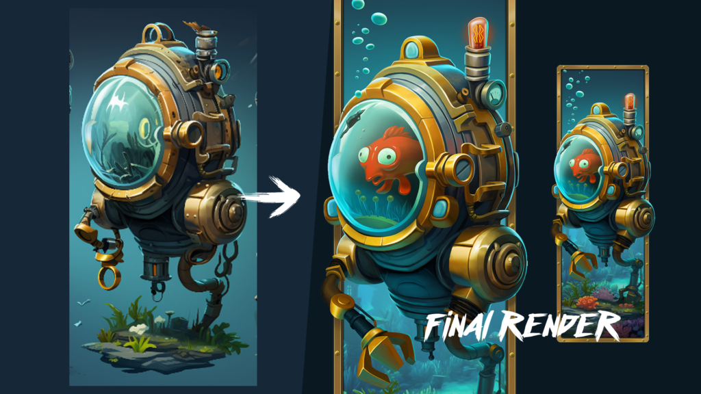 Game art displaying a red fish in a retro diver's costume. The art is created with AI and human touch and is compared before and after the final render.